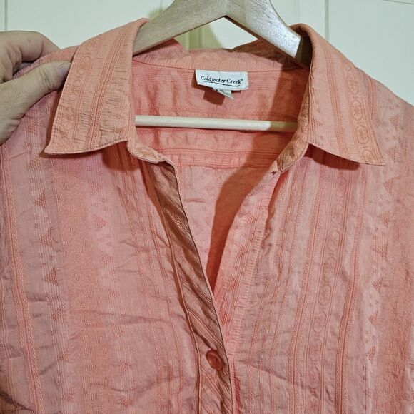 Coldwater Creek Women’s Shirt XL Peach Melon Textured Floral Stripes 3/4 Blouse - Picture 3 of 10